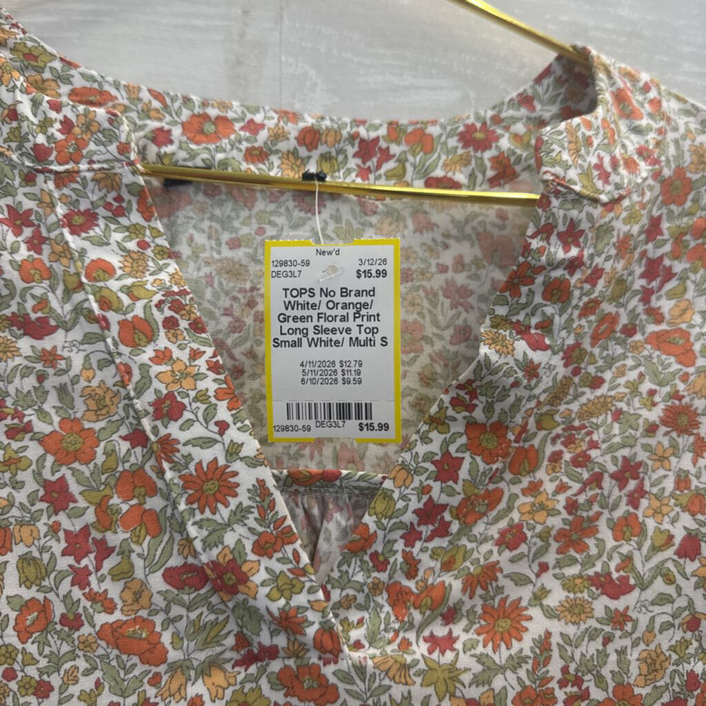 White/ Orange/ Green Floral Print Long Sleeve Top Small