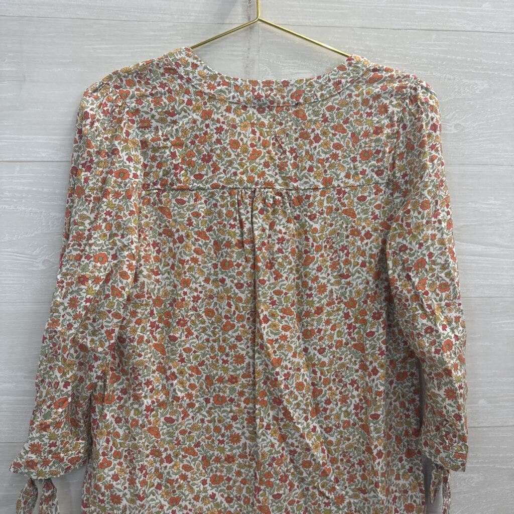 White/ Orange/ Green Floral Print Long Sleeve Top Small