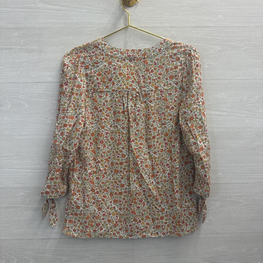 White/ Orange/ Green Floral Print Long Sleeve Top Small