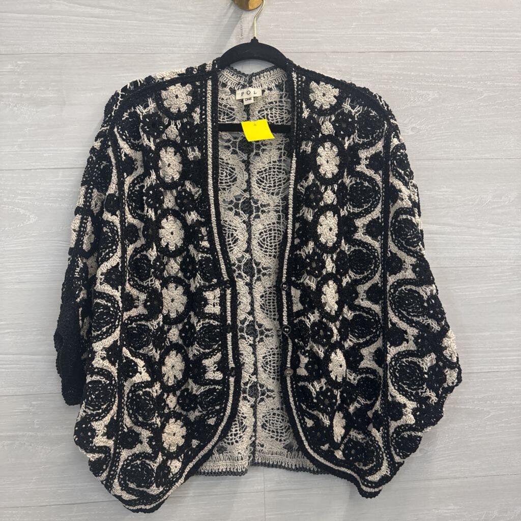 POL Black/ Beige Crochet Knit Print Open Front Top One Size