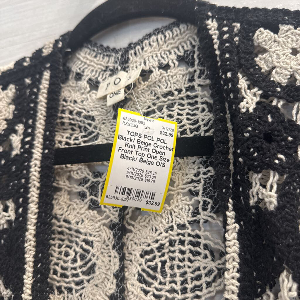 POL Black/ Beige Crochet Knit Print Open Front Top One Size