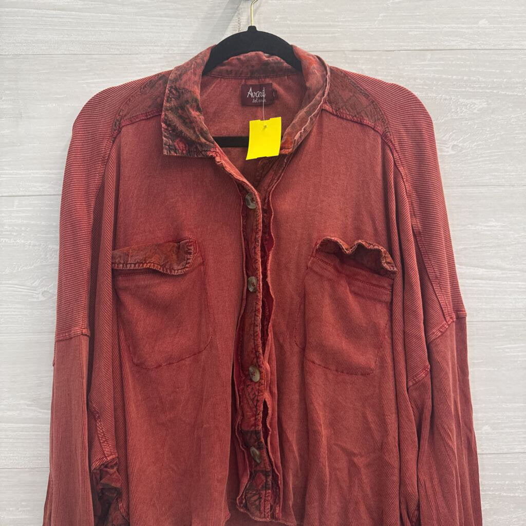 Avani Orange Corduroy Patchwork Long Sleeve Button Down Top Large