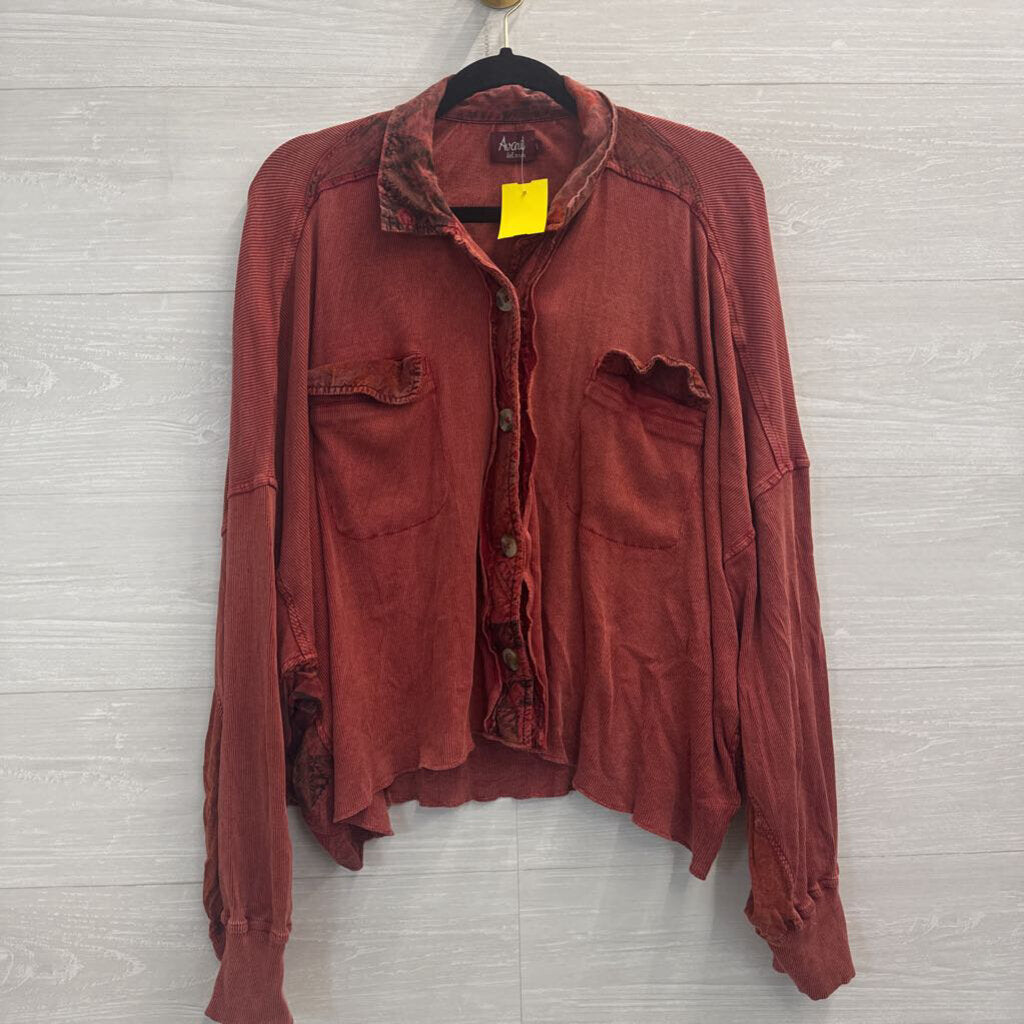 Avani Orange Corduroy Patchwork Long Sleeve Button Down Top Large