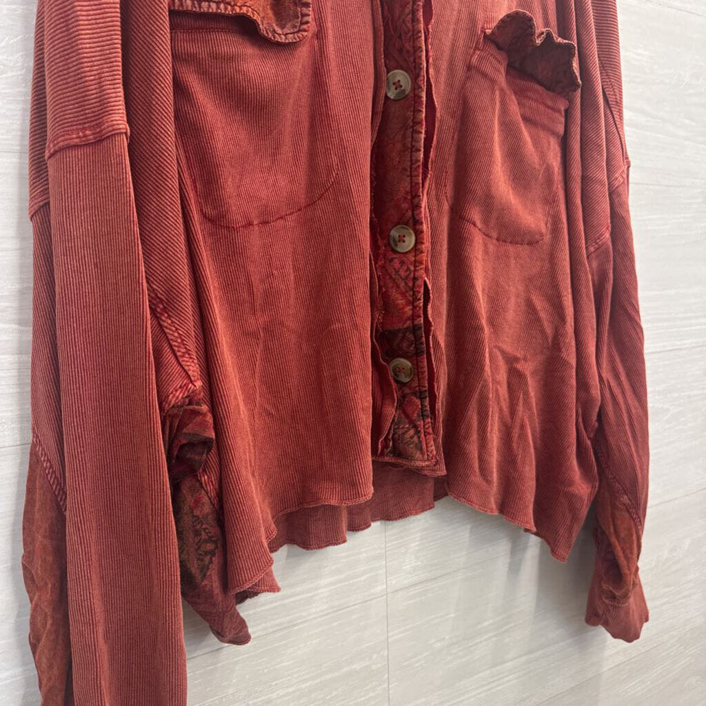 Avani Orange Corduroy Patchwork Long Sleeve Button Down Top Large