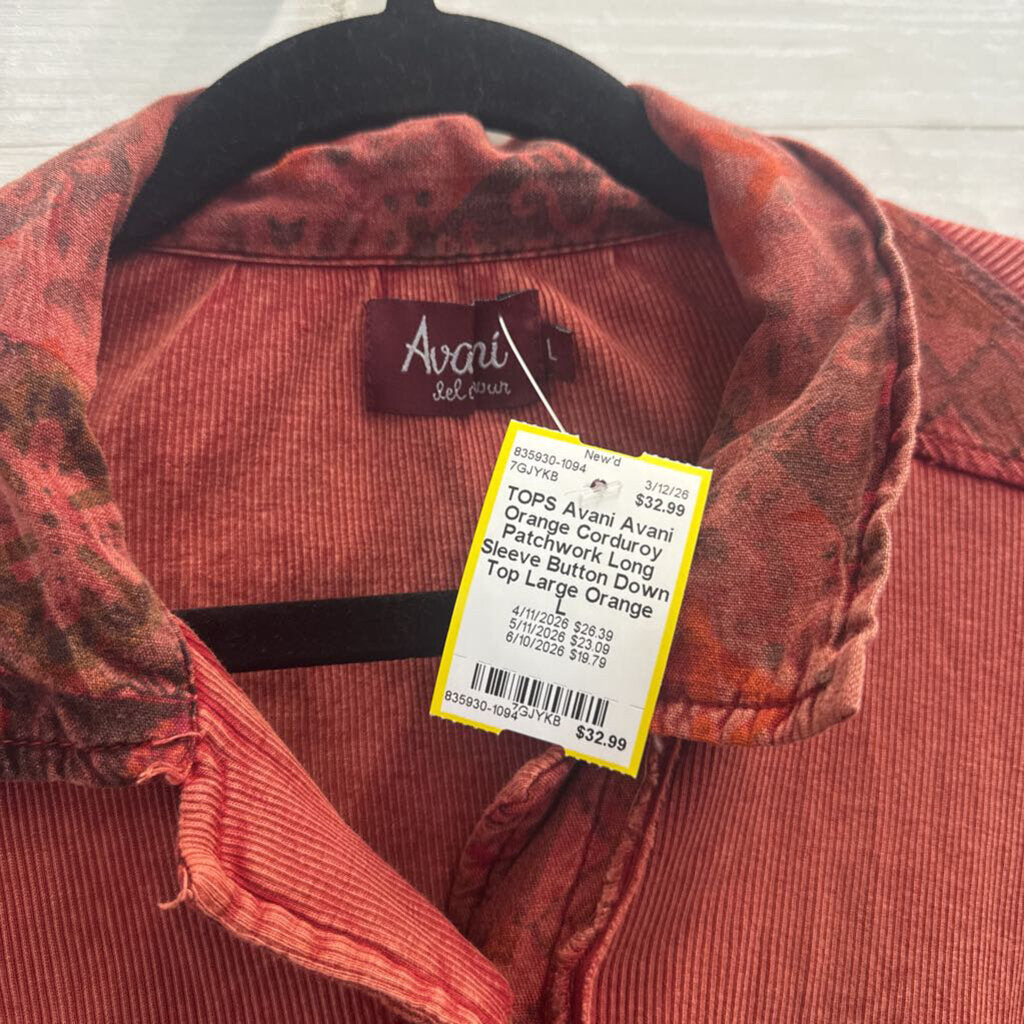 Avani Orange Corduroy Patchwork Long Sleeve Button Down Top Large