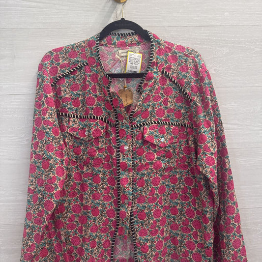 Natural Life Pink Print Long Sleeve Button Front Top Large