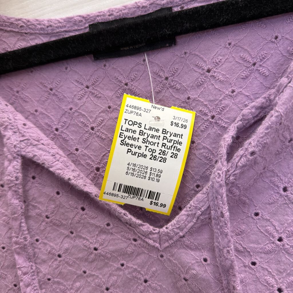 Lane Bryant Purple Eyelet Short Ruffle Sleeve Top 26/ 28