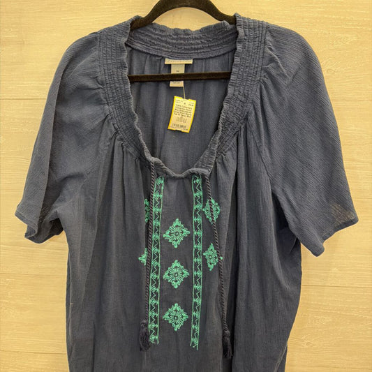 Catherines Navy/ Blue Embroidered Detail Short Sleeve Top 3X