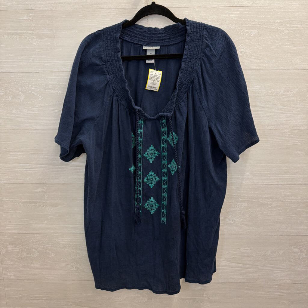 Catherines Navy/ Blue Embroidered Detail Short Sleeve Top 3X