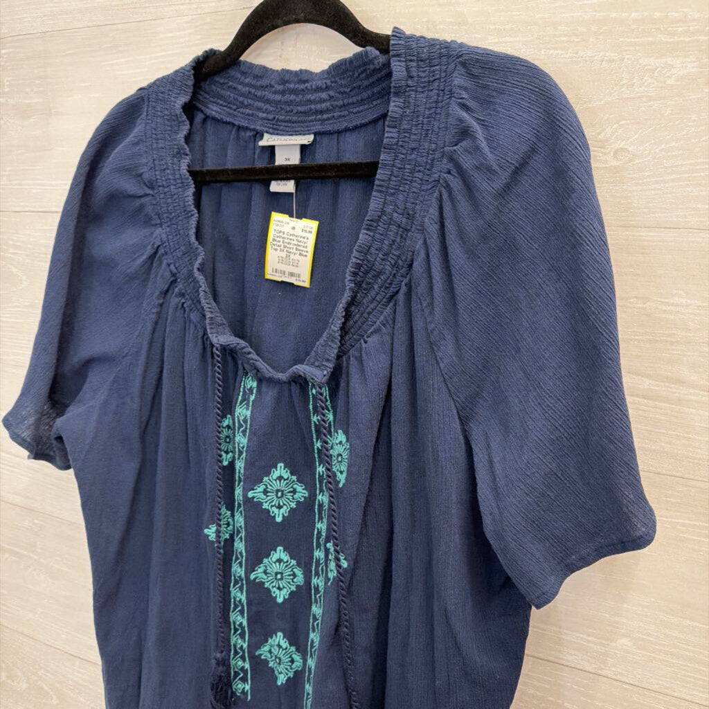 Catherines Navy/ Blue Embroidered Detail Short Sleeve Top 3X
