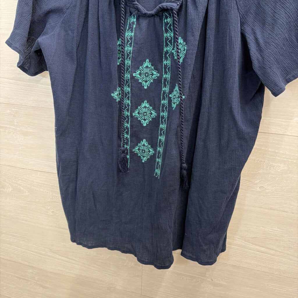 Catherines Navy/ Blue Embroidered Detail Short Sleeve Top 3X