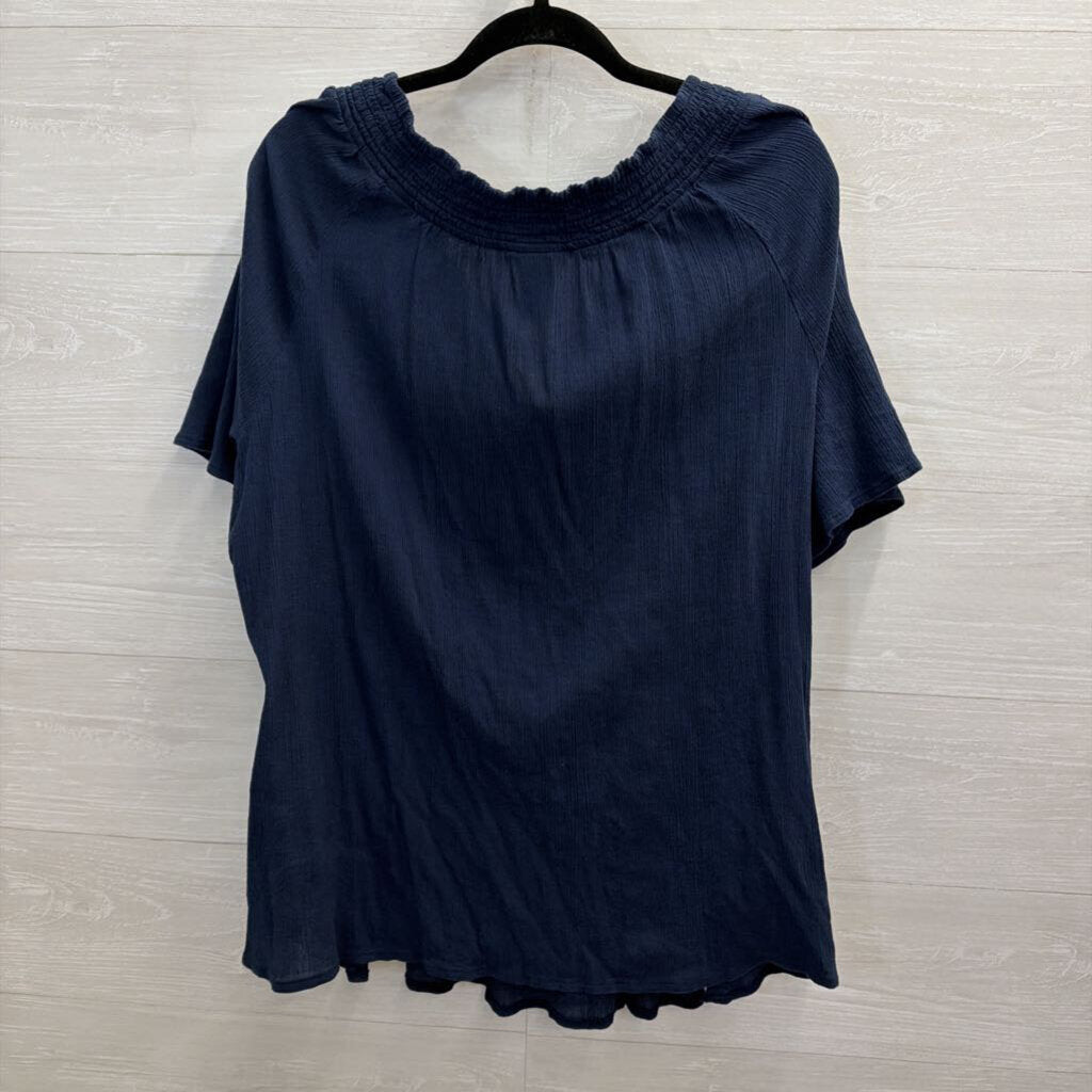 Catherines Navy/ Blue Embroidered Detail Short Sleeve Top 3X