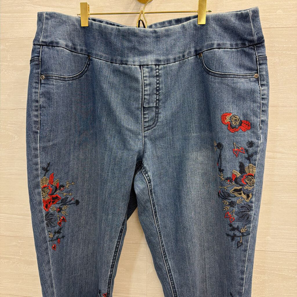 Slim Sation Medium Wash Floral Embroidered Pull On Jeans 18W