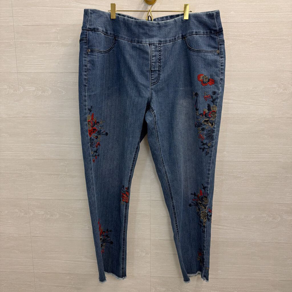 Slim Sation Medium Wash Floral Embroidered Pull On Jeans 18W