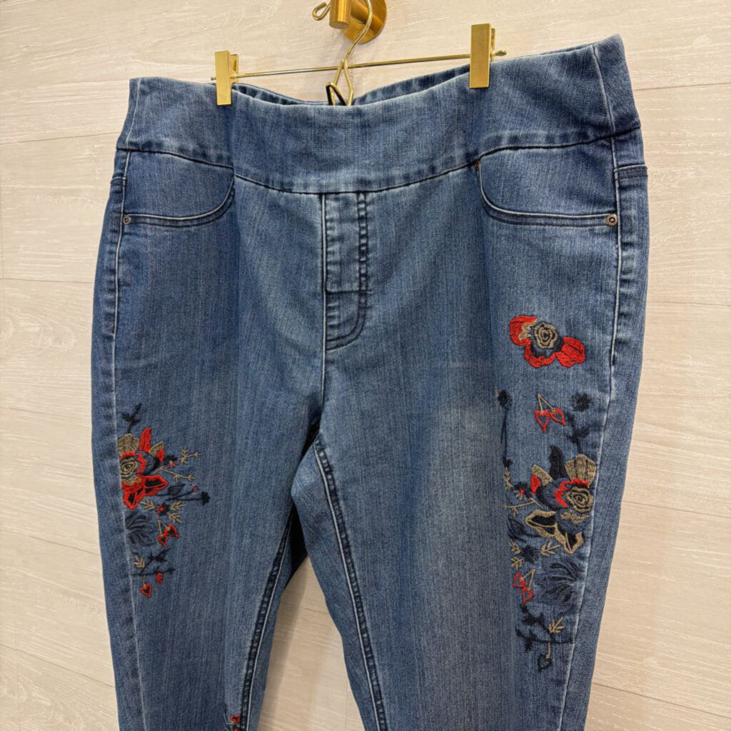 Slim Sation Medium Wash Floral Embroidered Pull On Jeans 18W