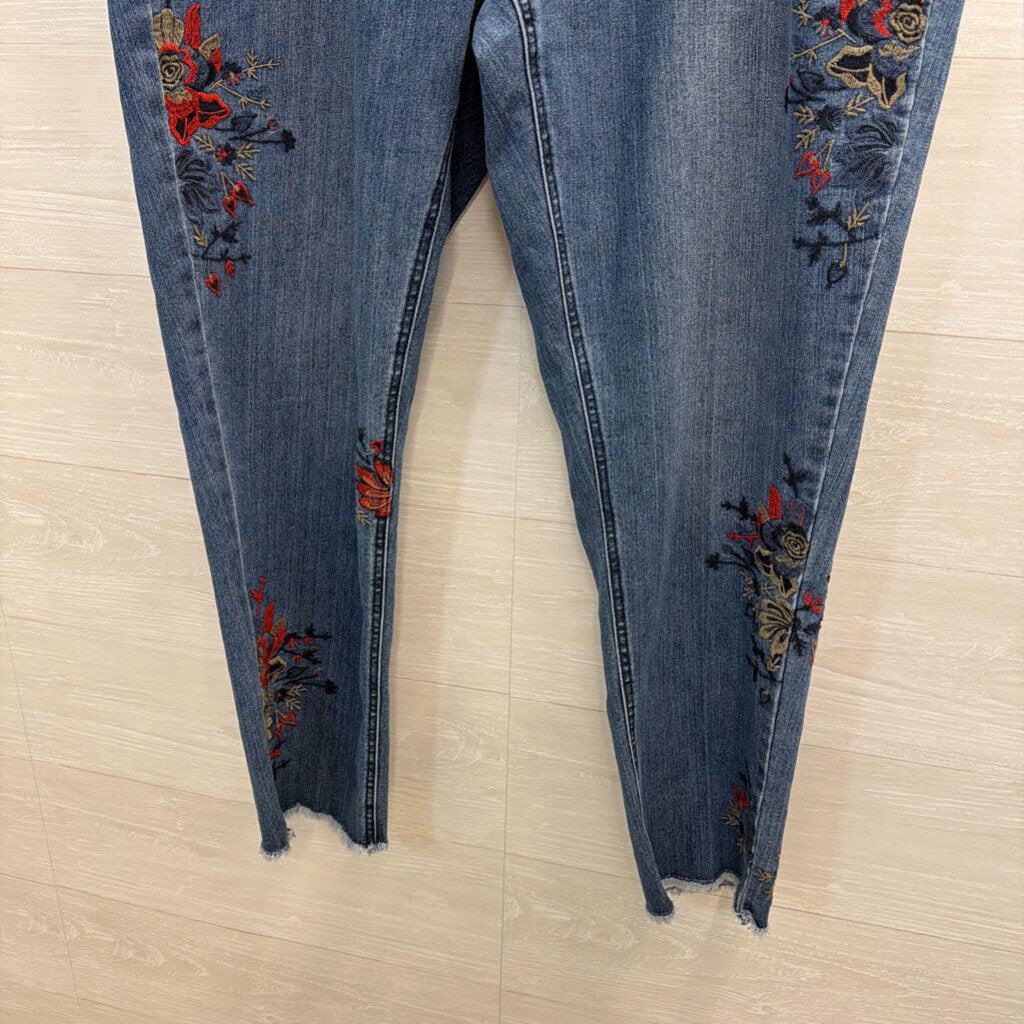 Slim Sation Medium Wash Floral Embroidered Pull On Jeans 18W