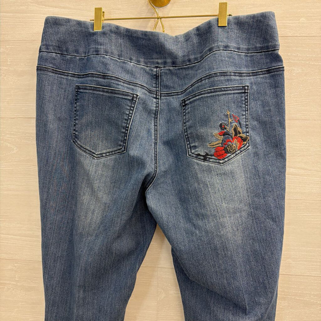 Slim Sation Medium Wash Floral Embroidered Pull On Jeans 18W