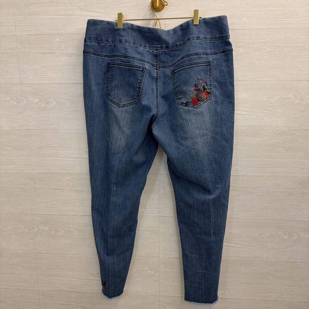 Slim Sation Medium Wash Floral Embroidered Pull On Jeans 18W