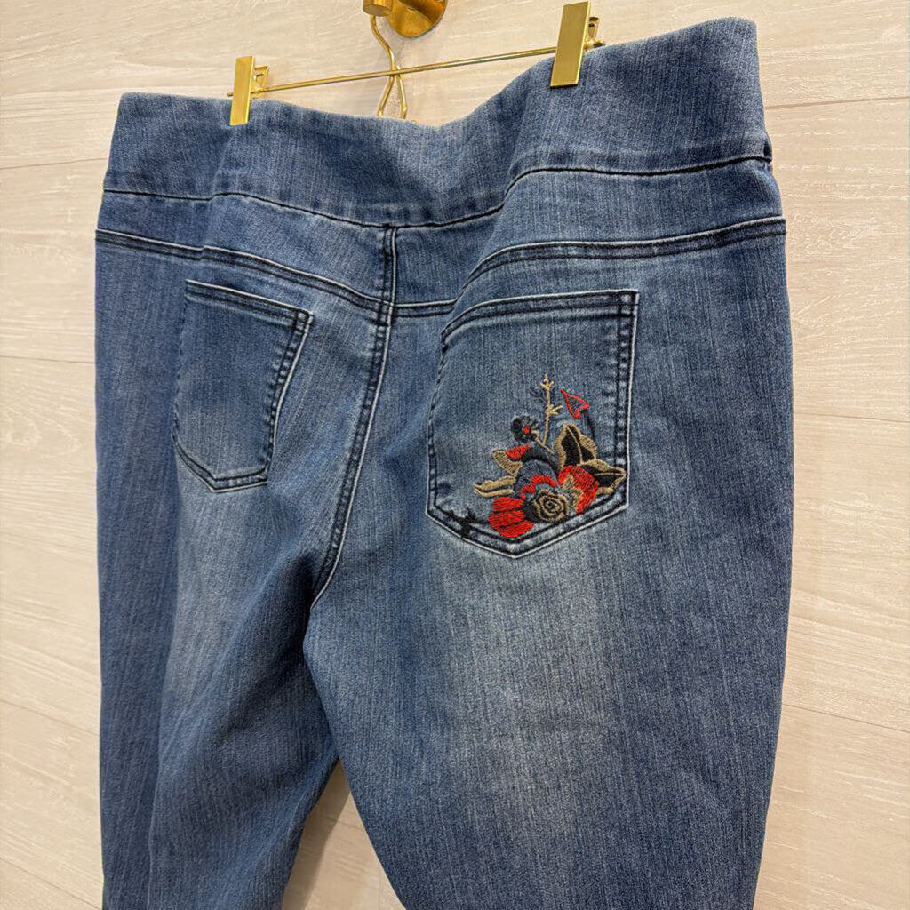 Slim Sation Medium Wash Floral Embroidered Pull On Jeans 18W