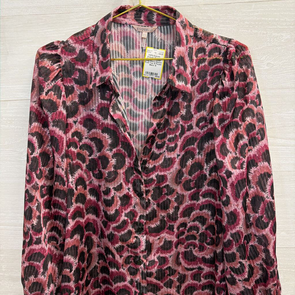 Esqualo Purple/ Black Print Sheer Long Sleeve Button Front Top 10