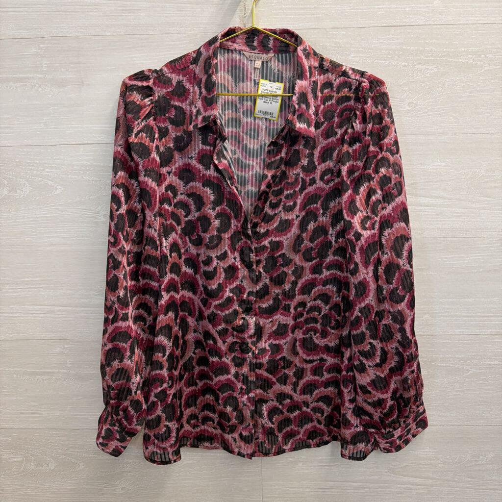 Esqualo Purple/ Black Print Sheer Long Sleeve Button Front Top 10
