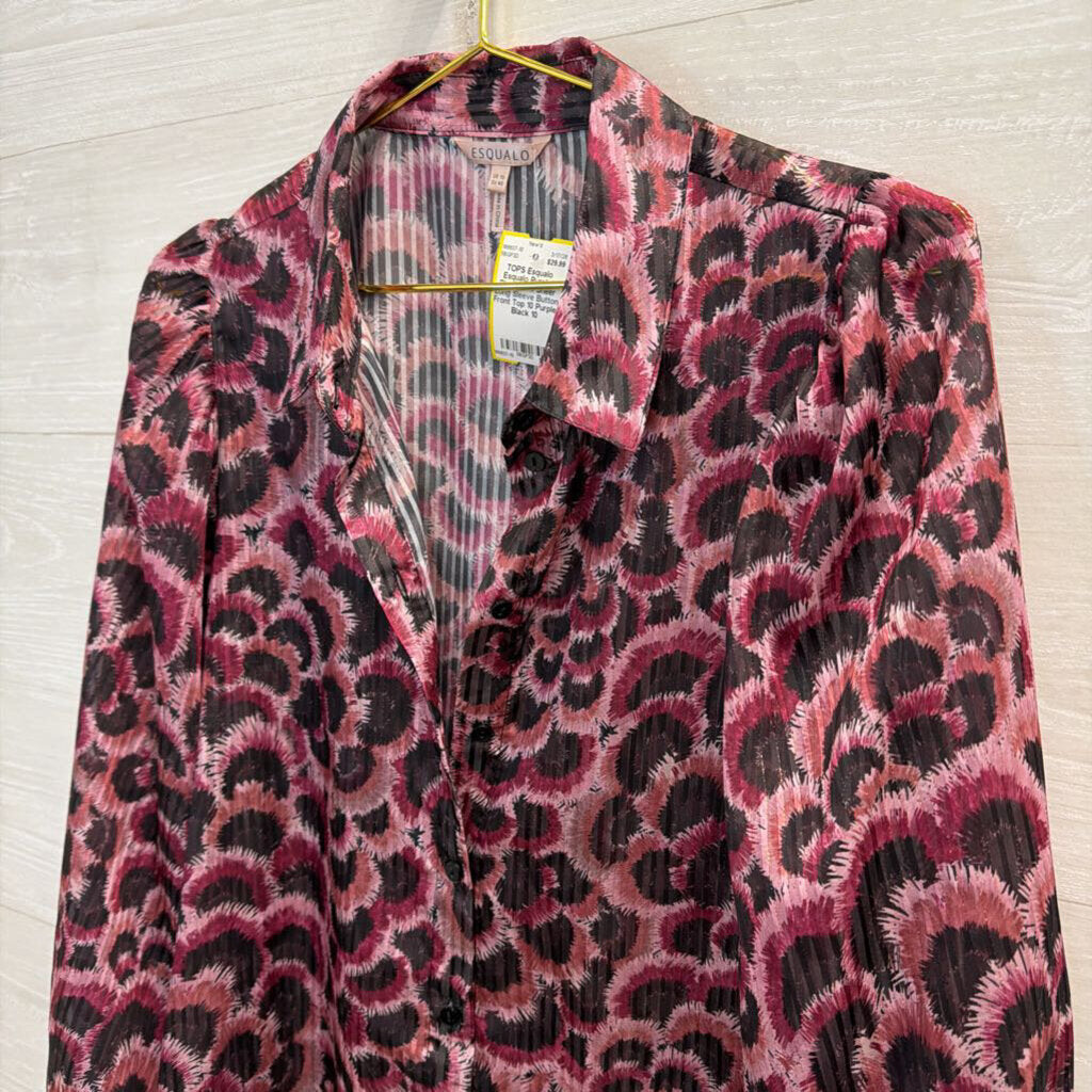Esqualo Purple/ Black Print Sheer Long Sleeve Button Front Top 10