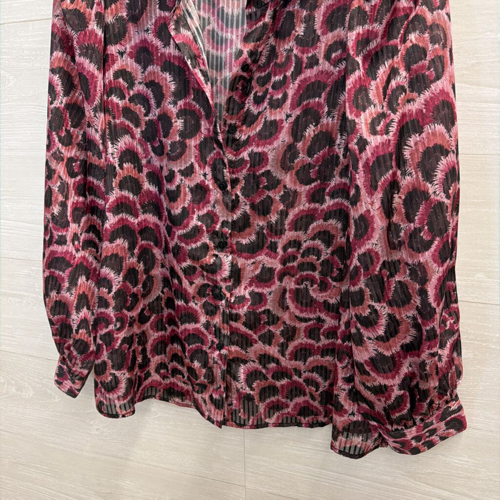 Esqualo Purple/ Black Print Sheer Long Sleeve Button Front Top 10