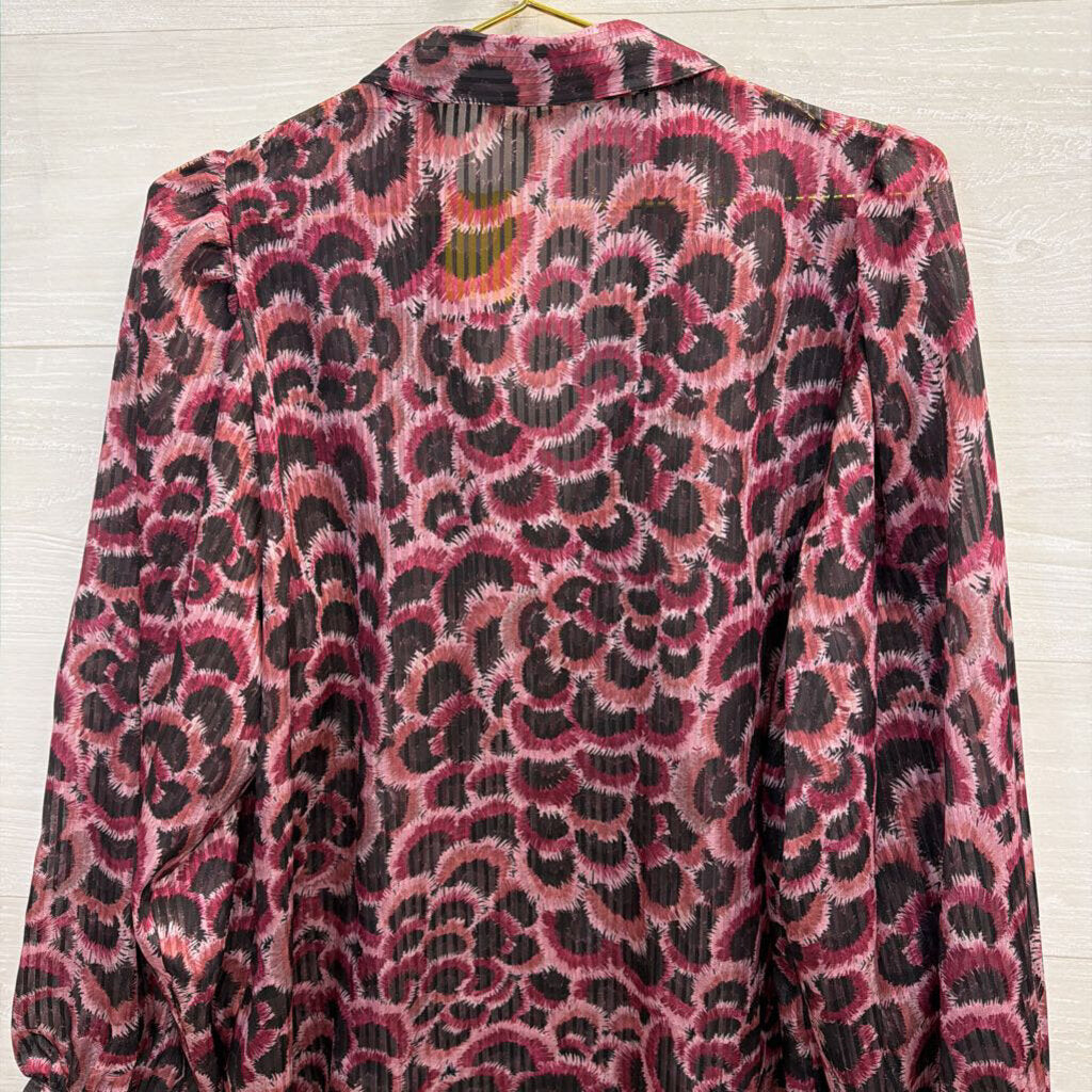 Esqualo Purple/ Black Print Sheer Long Sleeve Button Front Top 10