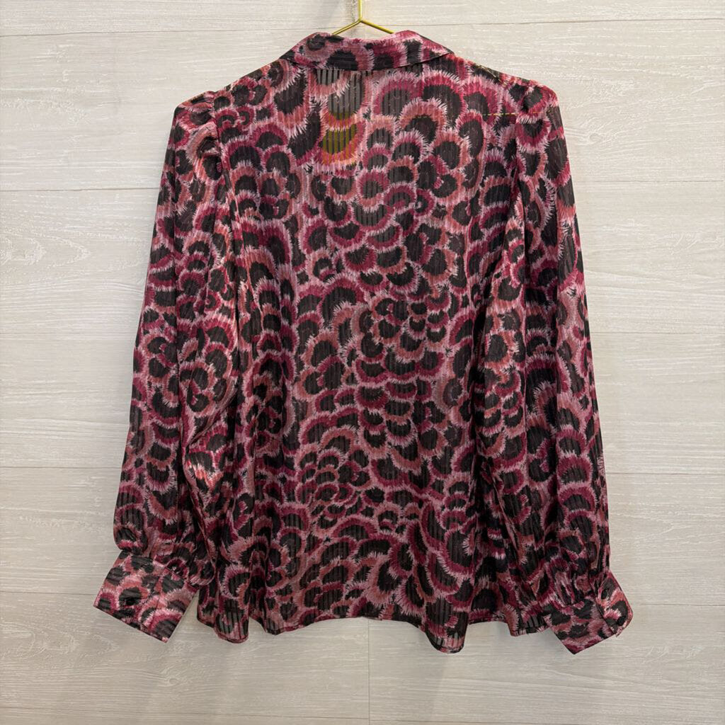 Esqualo Purple/ Black Print Sheer Long Sleeve Button Front Top 10