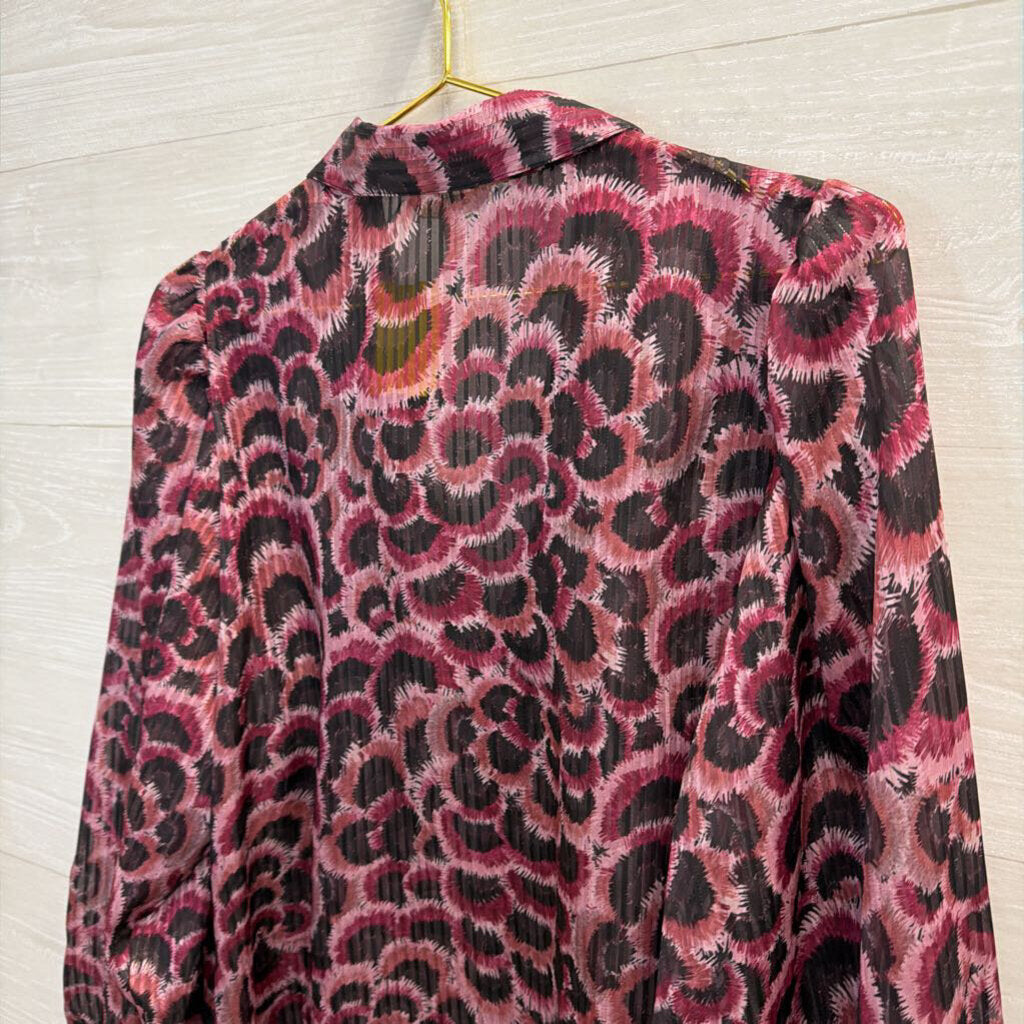 Esqualo Purple/ Black Print Sheer Long Sleeve Button Front Top 10