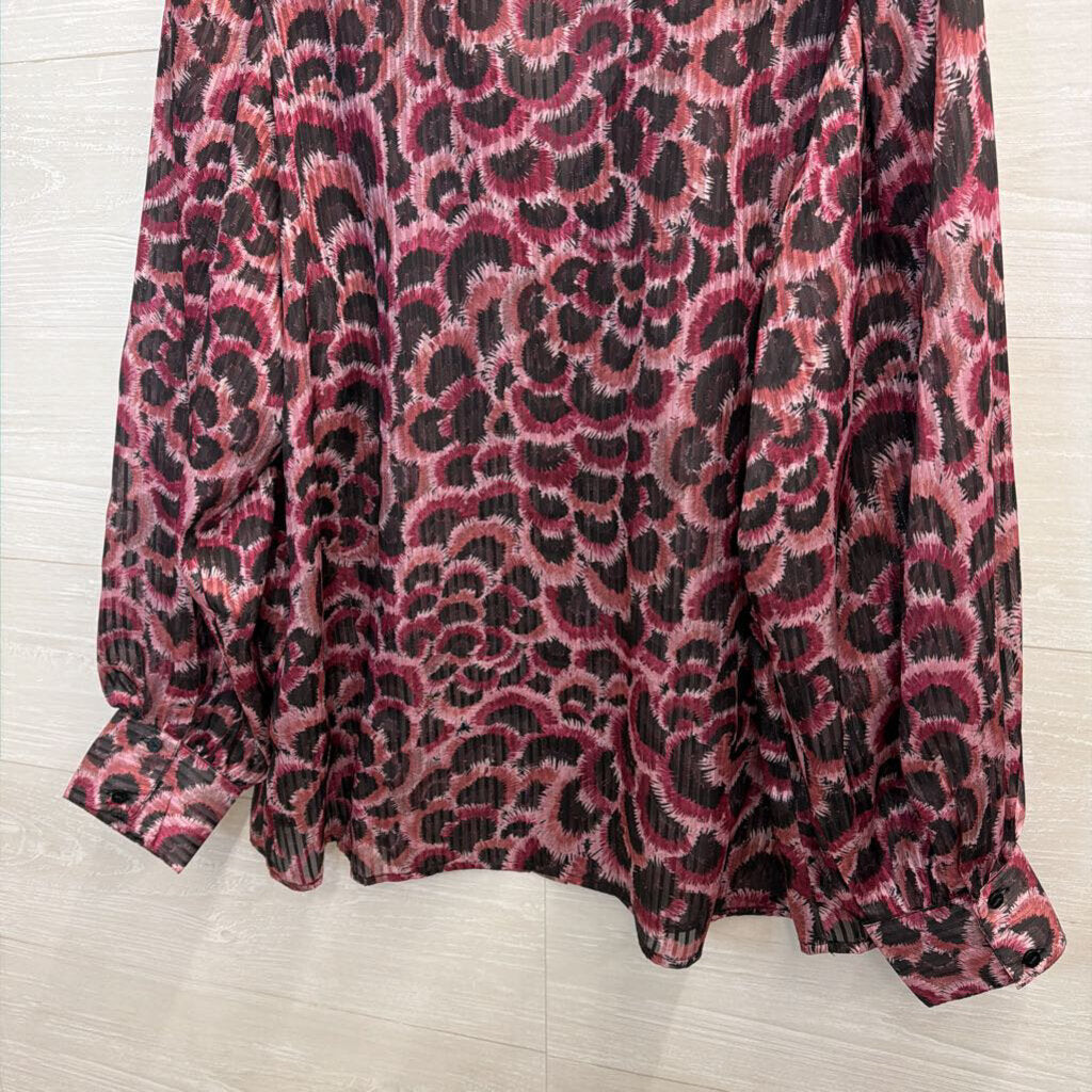 Esqualo Purple/ Black Print Sheer Long Sleeve Button Front Top 10