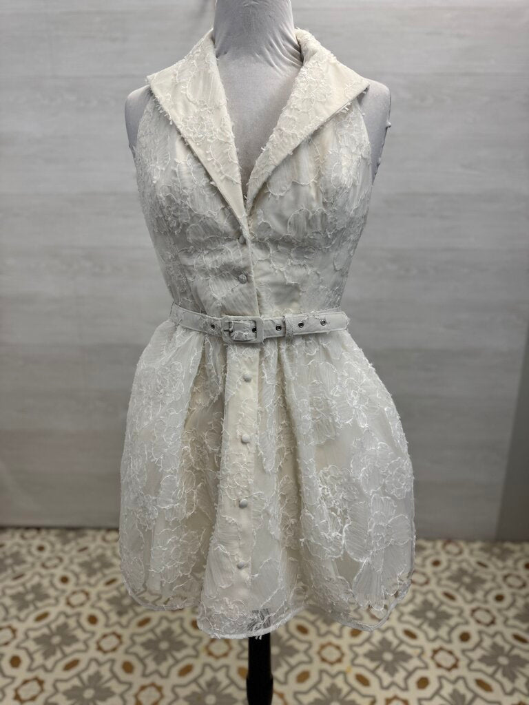 Dress the Population Ivory Short Halter Belted Short Dress Size Medium