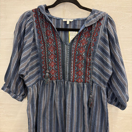 Jodifl Blue Striped Embroidered Short Puff Sleeve Hooded Dress Small