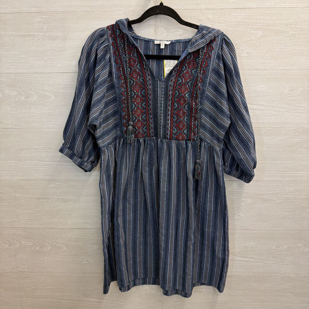 Jodifl Blue Striped Embroidered Short Puff Sleeve Hooded Dress Small
