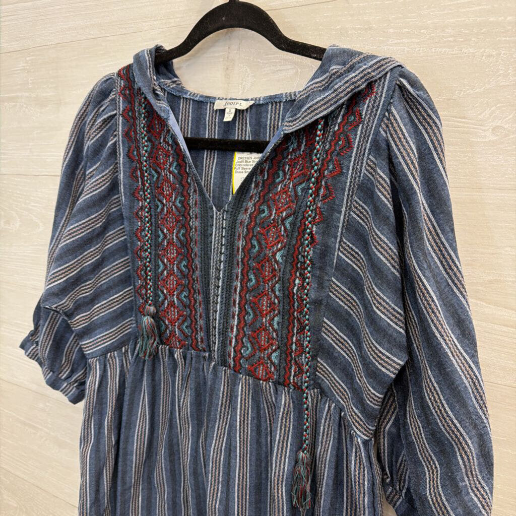 Jodifl Blue Striped Embroidered Short Puff Sleeve Hooded Dress Small