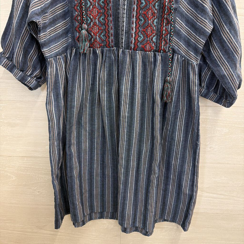 Jodifl Blue Striped Embroidered Short Puff Sleeve Hooded Dress Small