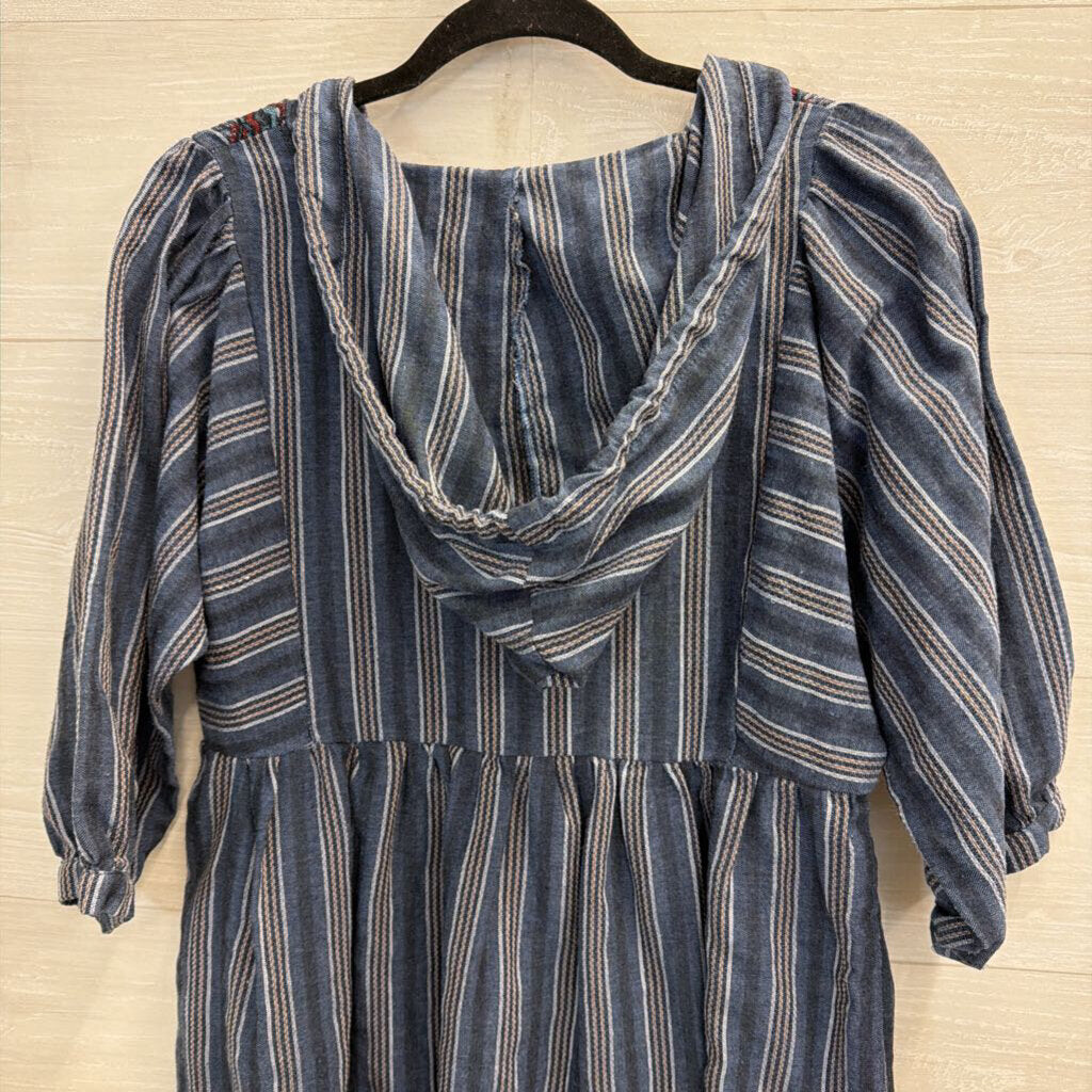 Jodifl Blue Striped Embroidered Short Puff Sleeve Hooded Dress Small