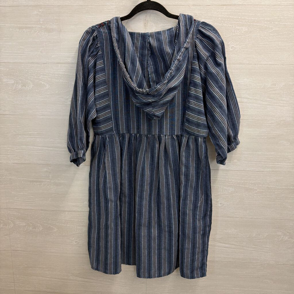Jodifl Blue Striped Embroidered Short Puff Sleeve Hooded Dress Small