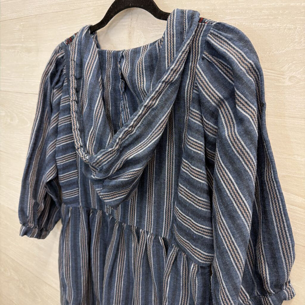Jodifl Blue Striped Embroidered Short Puff Sleeve Hooded Dress Small