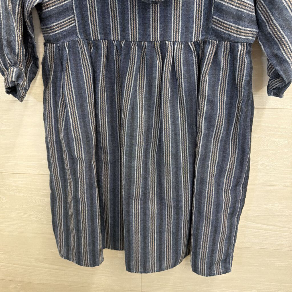 Jodifl Blue Striped Embroidered Short Puff Sleeve Hooded Dress Small