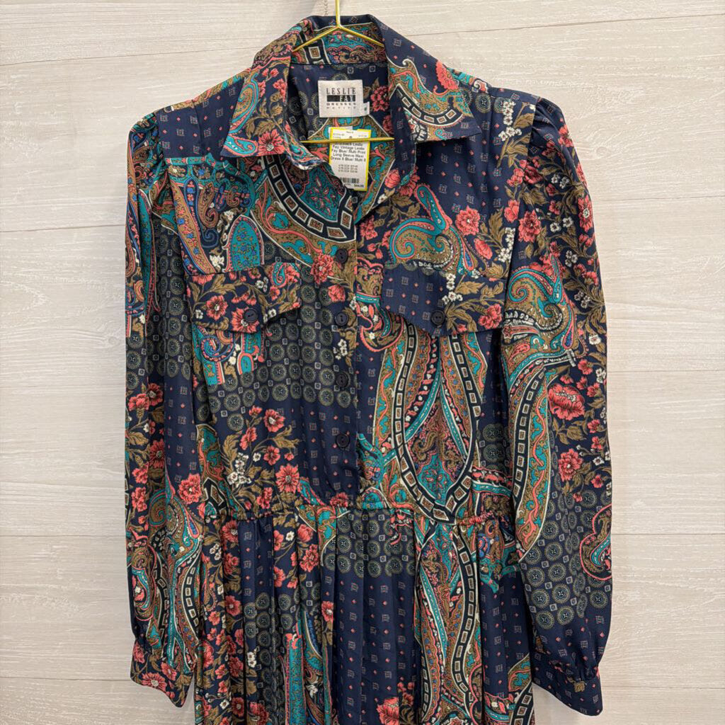 Vintage Leslie Fay Blue/ Multi Print Long Sleeve Maxi Dress 8