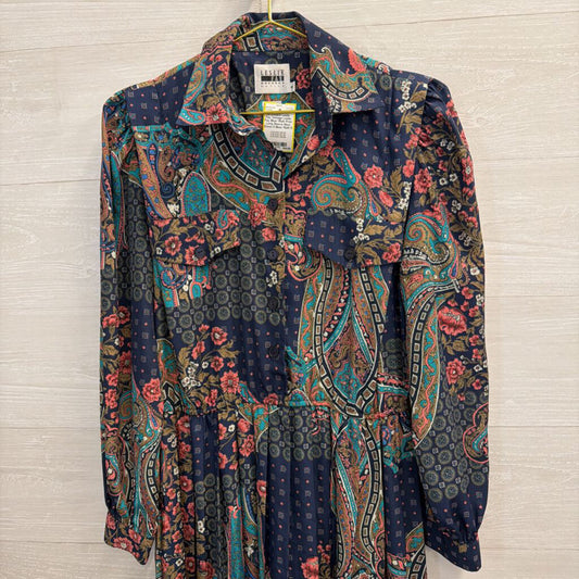 Vintage Leslie Fay Blue/ Multi Print Long Sleeve Maxi Dress 8