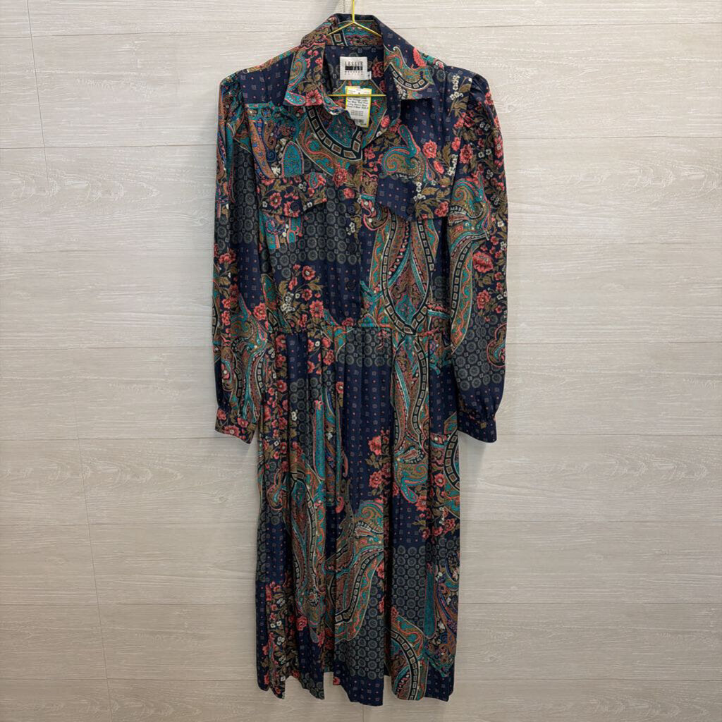 Vintage Leslie Fay Blue/ Multi Print Long Sleeve Maxi Dress 8