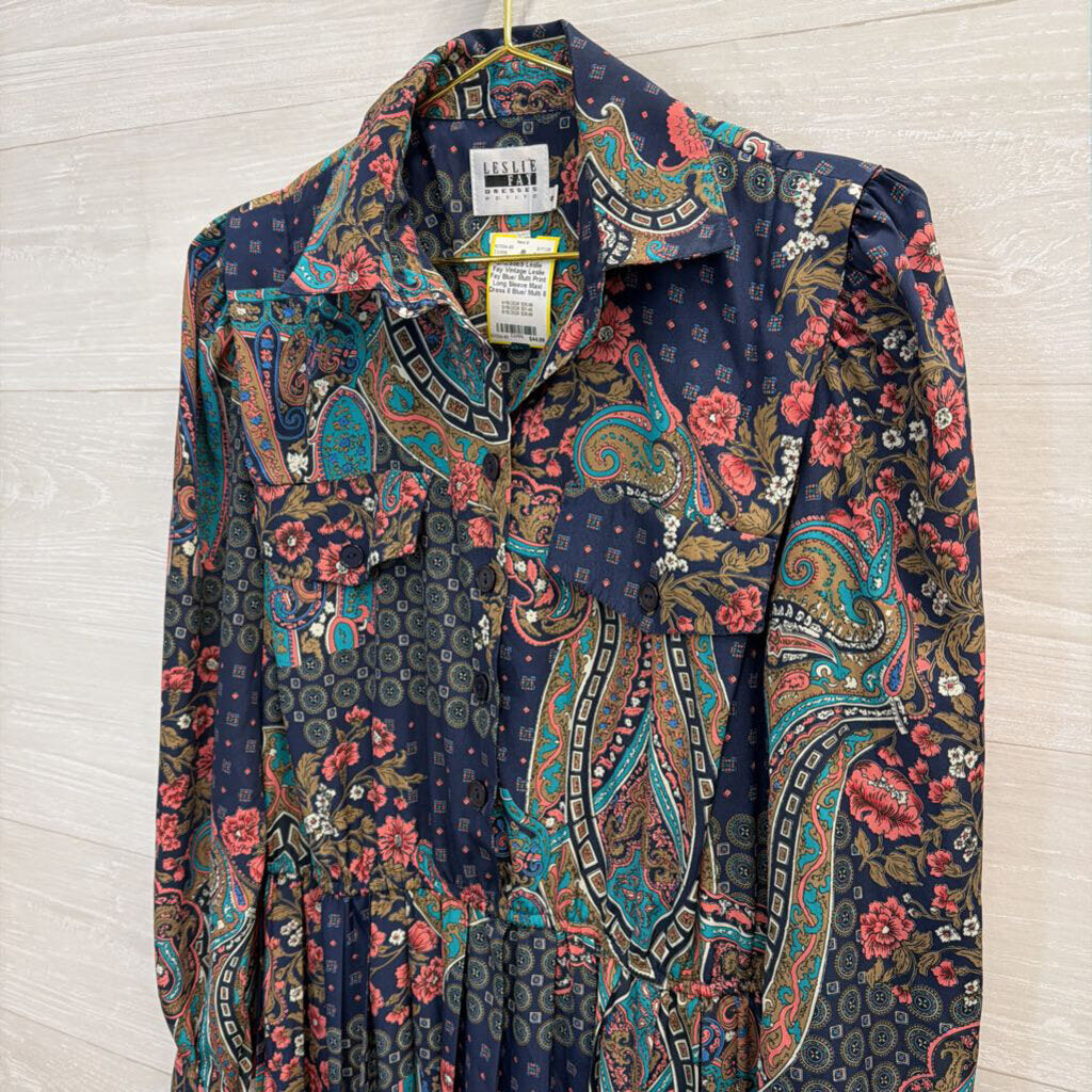 Vintage Leslie Fay Blue/ Multi Print Long Sleeve Maxi Dress 8
