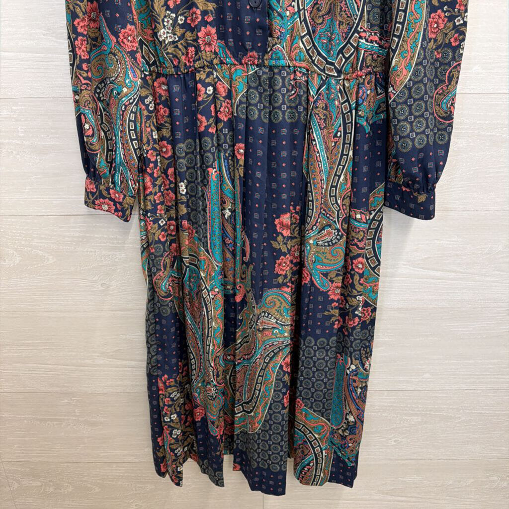 Vintage Leslie Fay Blue/ Multi Print Long Sleeve Maxi Dress 8