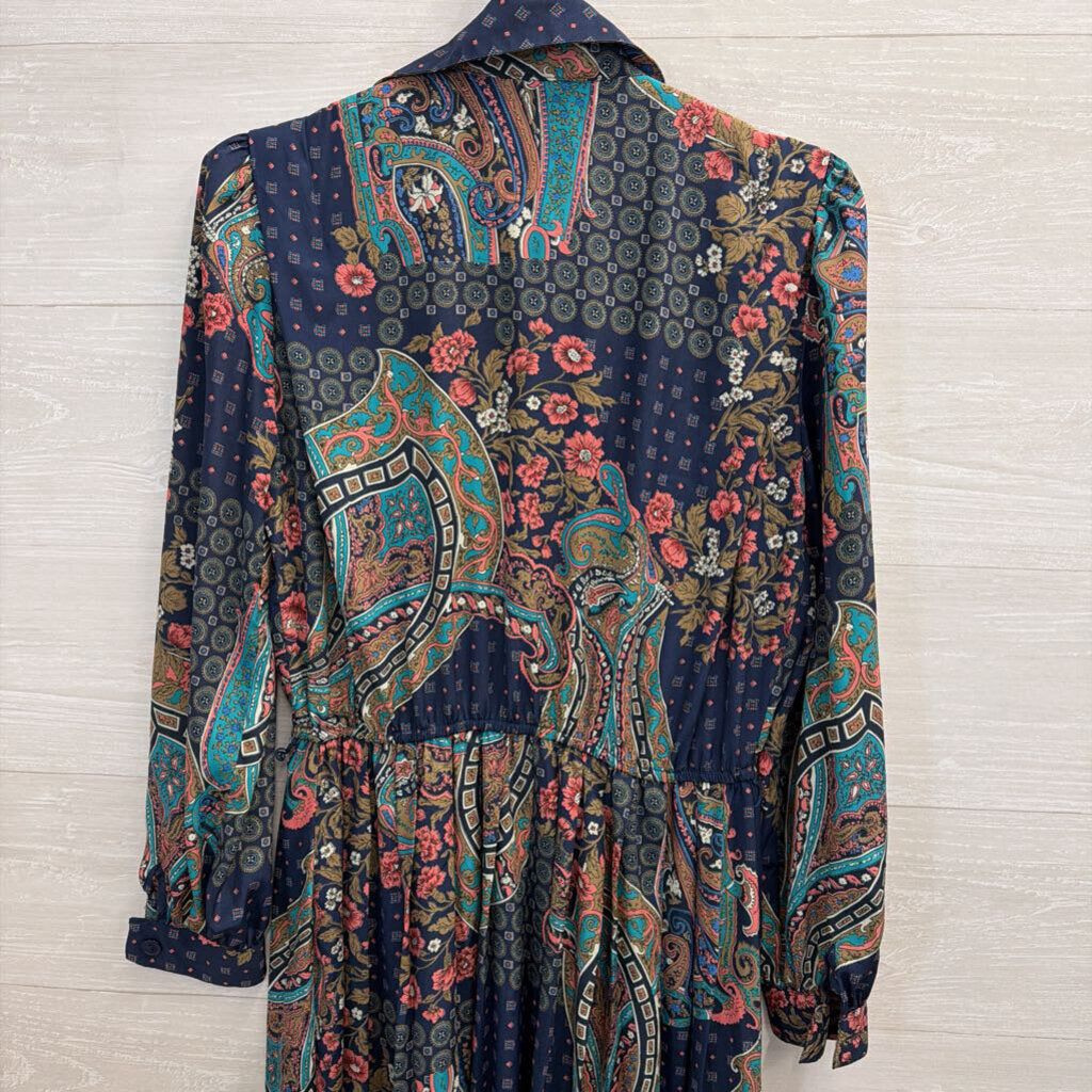 Vintage Leslie Fay Blue/ Multi Print Long Sleeve Maxi Dress 8