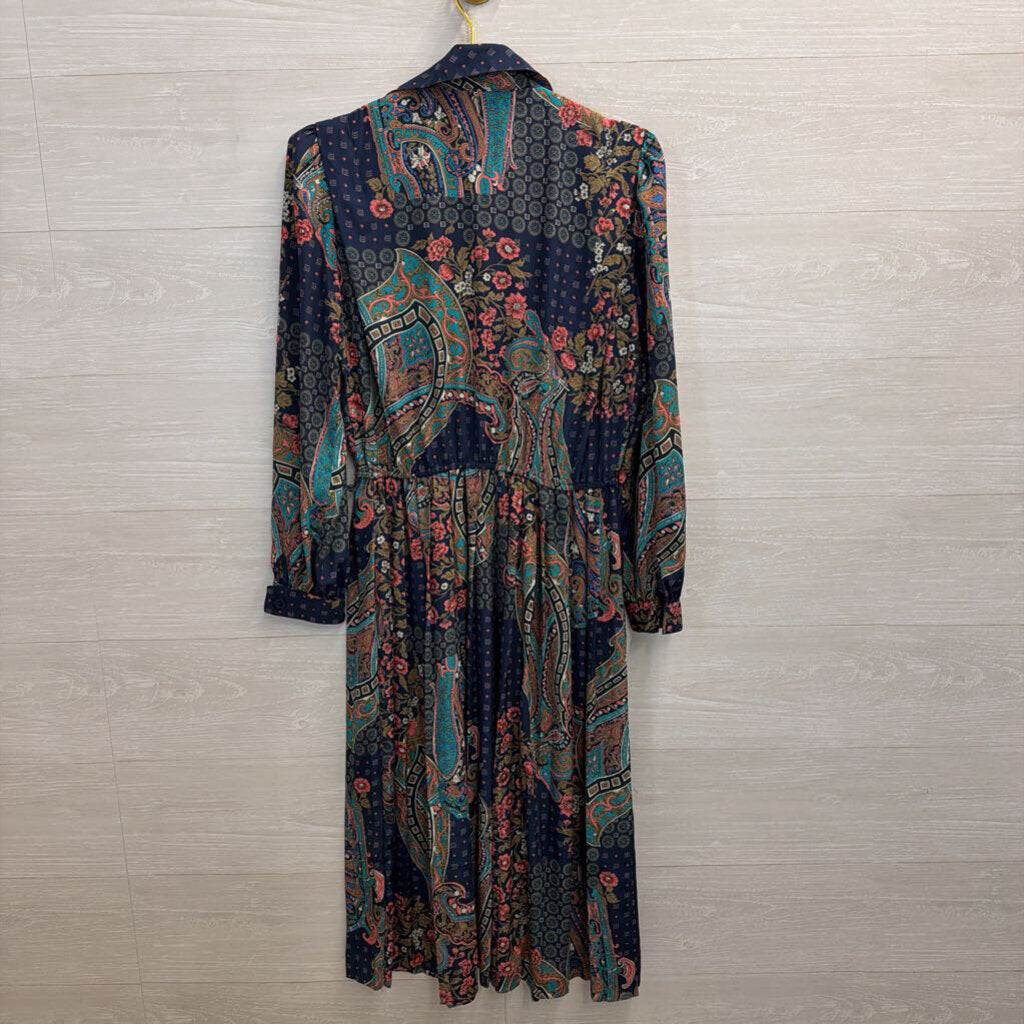 Vintage Leslie Fay Blue/ Multi Print Long Sleeve Maxi Dress 8