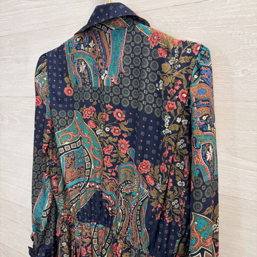 Vintage Leslie Fay Blue/ Multi Print Long Sleeve Maxi Dress 8