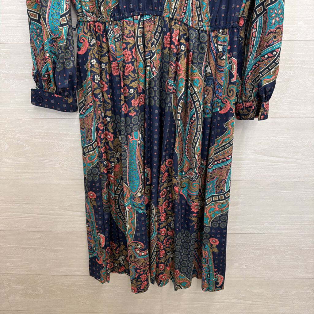 Vintage Leslie Fay Blue/ Multi Print Long Sleeve Maxi Dress 8