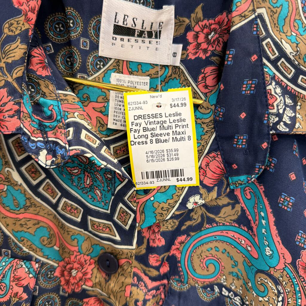 Vintage Leslie Fay Blue/ Multi Print Long Sleeve Maxi Dress 8